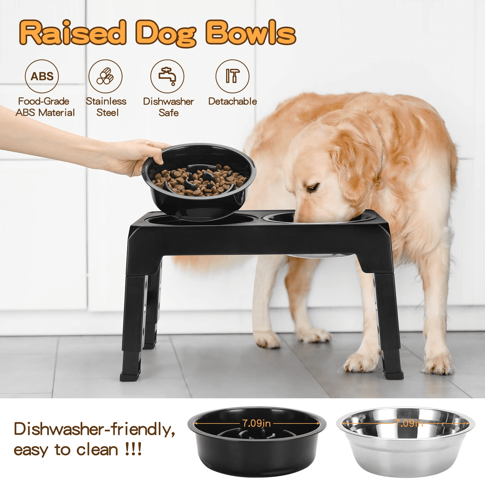 Elevated Dog Bowls with Slow Feeder, 4 Adjustable Heights Raised Pet Bowl Stand Feeder Bowl with 2 Stainless Steel Food & Water Bowls for Large Medium and Small Dogs