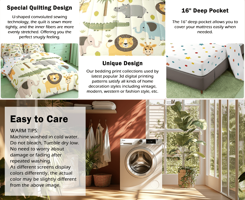 Manfei Nature Wildlife Zoo Animal Theme 7 Pieces Bedding Comforter Set,Cartoon Lion Giraffe Crocodile Full Bedding Set Reversible