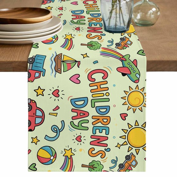 Sage Green Children's Day Table Runner 70 Inches, Car Tree Stars Modern Abstract Art Bed Runner Dresser Scarves Tabletop for Indoor Outdoor Parties/Ceremony/Banquet, 13" x 70"