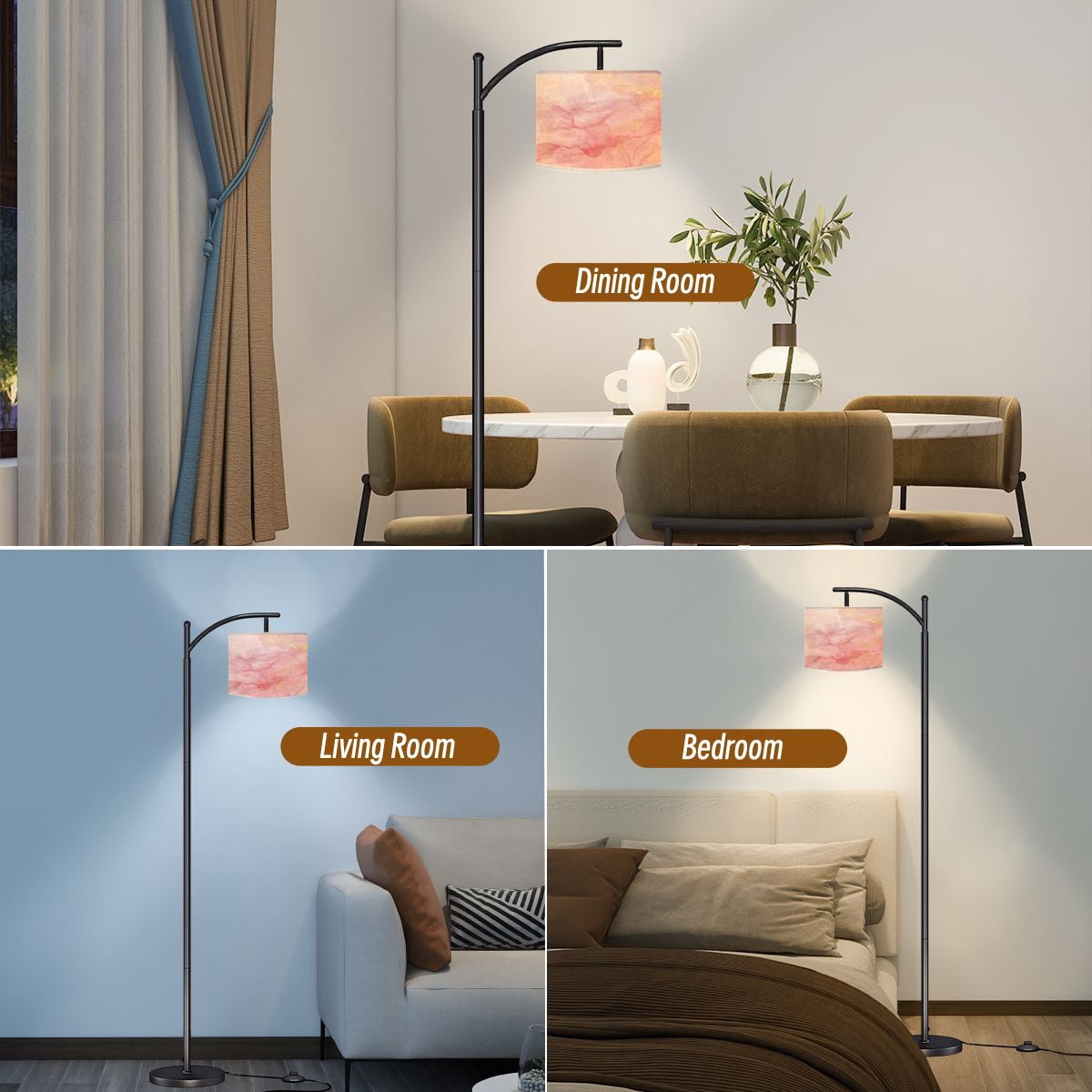 Arc Floor Lamps Rose pink liquid watercolor golden dots Dusty blush marble alcohol ink Modern LED Adjustable Lampshade Standing Light for Living Room Reading Bedroom Office