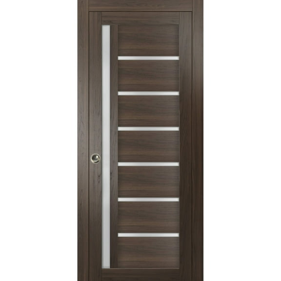 Sliding French Pocket Door with Frosted Glass | Quadro 4088 Chocolate Ash | Kit Trims Rail Hardware | Solid Wood Interior Bedroom Sturdy Doors-36" x 84"