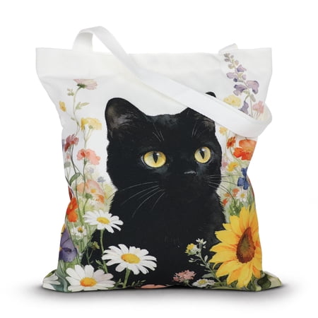 OKKEEY Canvas Tote Bag for Women, Mysterious Black Cat in Flowers Print, Aesthetic Large Tote Bag for Daily Use, Shopping, Grocery, Travel