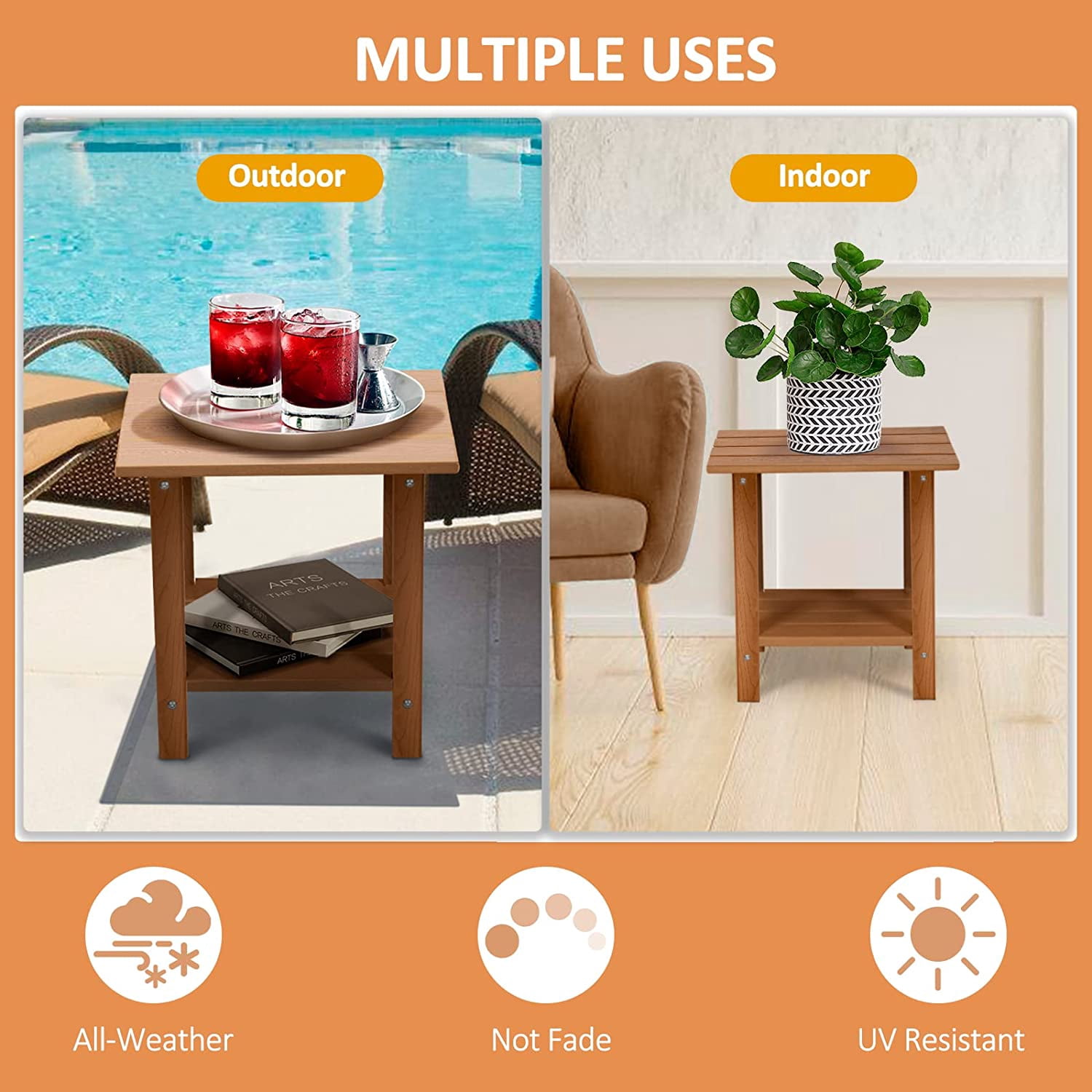 Nalone 2-Tier Outdoor Side Table, HDPE All Weather Adirondack Patio End Table, Outside End Table for Indoor Living Room Bedroom Porch Backyard, Teak