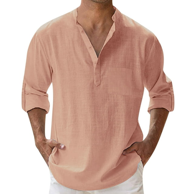 Chemise à Col Officier & Poche T-Shirts en Coton Lin Henley Manches Longues Hippie Décontracté Plage
