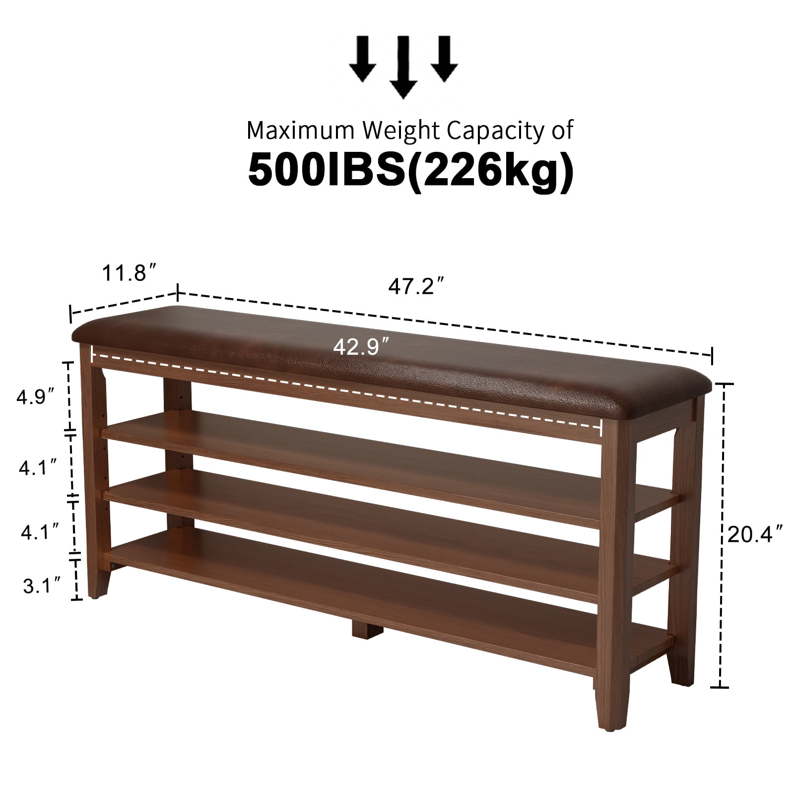 Muwuele 3-Tier Adjustable Shelves Shoe Rack with Leather Cushion, Walnut Wood