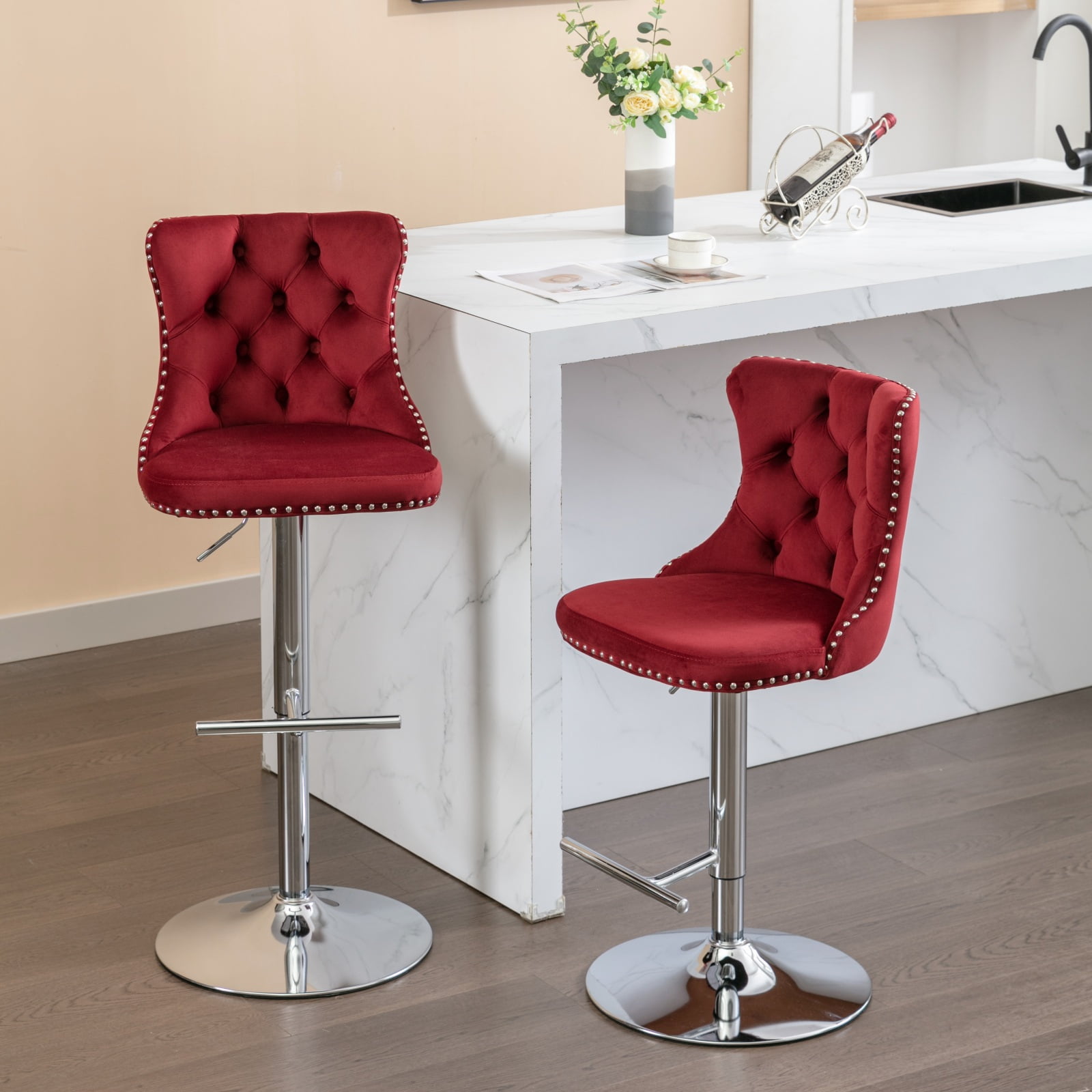 MAYEERTY Swivel Velvet Barstools - Adjustable Seat Height 25-33 Inch, Chrome Base, Tufted Backs, Wine Red/Burgundy, Set of 2