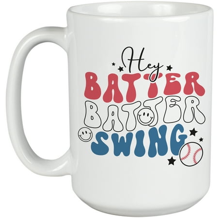 

Hey Batter Batter Swing Retro Groovy Wavy Text Baseball Art Merch Gift White 15oz Ceramic Mug