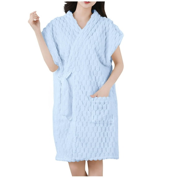 Htigea Short Bathrobe for Women Plush Lace Up Absorbent Shower Wrap Towel Soft Comfy Loungewear Robes Sky Blue,Free Size