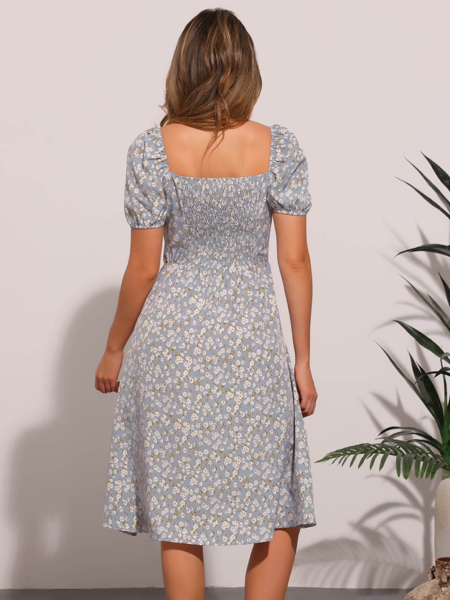 DARING DIVA Floral Puff Sleeve Smocked Square Neck Midi Dress L Gray Blue