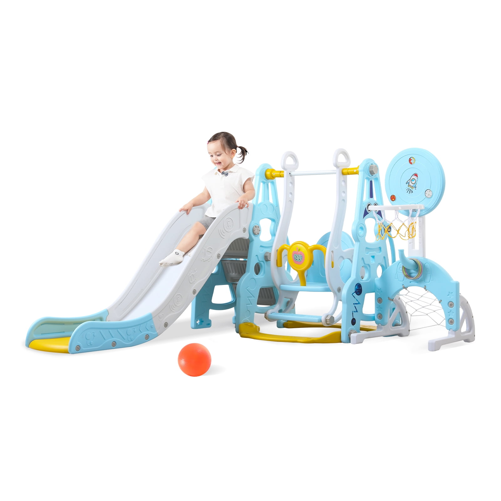 Dongfans Toddler Climber and Swing Set Freestanding 4 in 1 Toddler Climber and Swing Set Extra Long Slide and Ball Kids Play Climber Slide Playset with Basketball Hoop