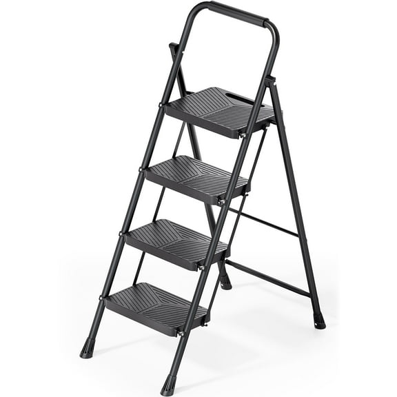 BEHERZT 4 Step Ladder, Sturdy Portable Metal Ladder for Home, 500lbs Capacity Folding Step Stool with Wide Pedal for Adults, Black