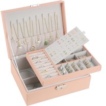 Pink Jewelry Box Organizer for Women Girls, 2 Layers Leather Jewelry Case with Lock Storage Box, Travel Jewelry Holder Rack with Display for Necklaces Bracelets Rings Watches