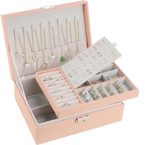 Pink Jewelry Box Organizer for Women Girls, 2 Layers Leather Jewelry Case with Lock Storage Box, Travel Jewelry Holder Rack with Display for Necklaces Bracelets Rings Watches