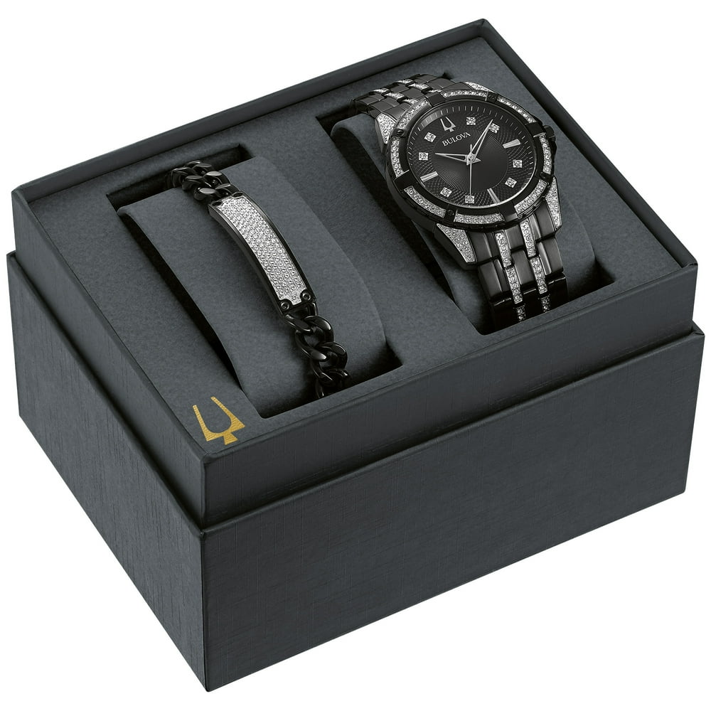 Bulova - Bulova Men's Black Crystal Watch Gift Set with ID Bracelet
