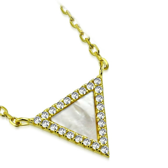 925 Sterling Silver Simulated Mother of Pearl Clear CZ Triangle Pendant Necklace, 18"
