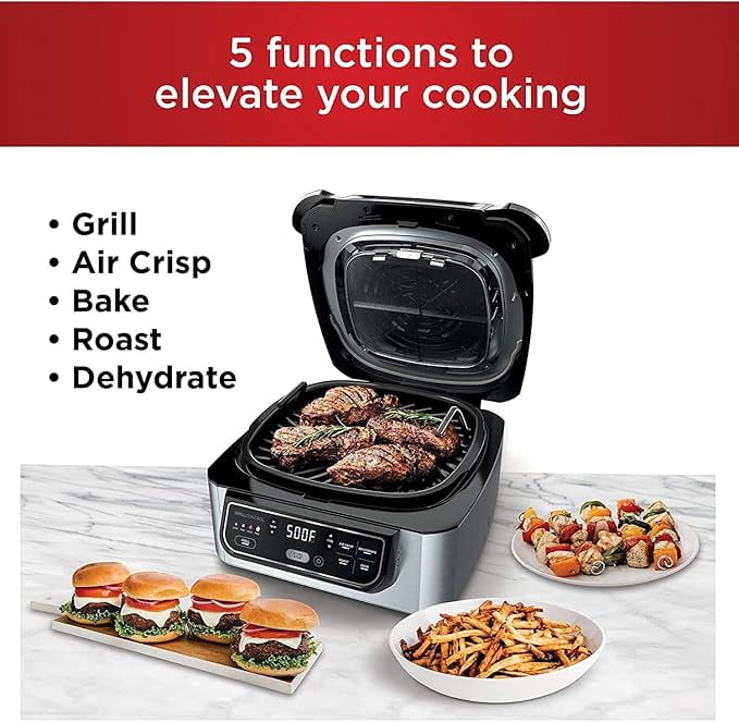 Ninja AG301 Foodi 5-in-1 Indoor Electric Grill with Air Fry, Roast, Bake & Dehydrate - Programmable, Black/Silver