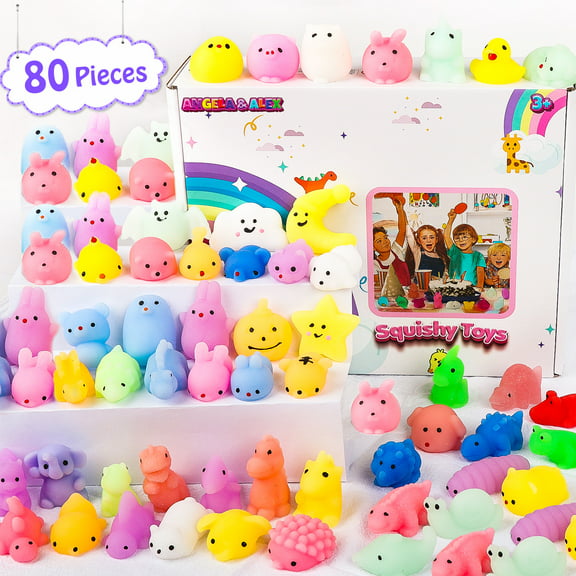 KiddiTouch 80 Pack Mochi Squishy Toys for Kids Party Favors, Mini Stress Relief Toys for Classroom Prizes, Kawaii Squichies Toys