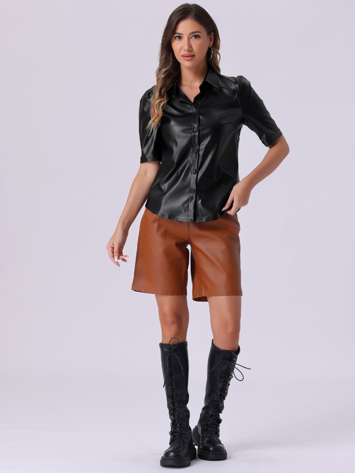 DARING DIVA Women's Faux Leather Shirt Button Down Puff Sleeve PU Jacket M Black