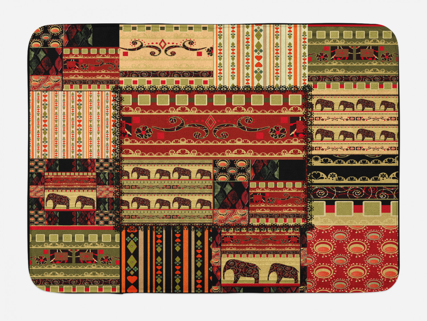 African Mat Pattern African Bath Mat, Patchwork Style Asian Pattern with Elephants and ...