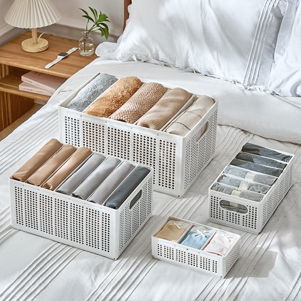 Cestas de almacenamiento plegables - cajas organizadoras de plástico de 4 para armario, cocina y baño • Cajas apilables con compartimentos • ABS blanco • De varios tamaños (S, M, L, XL)