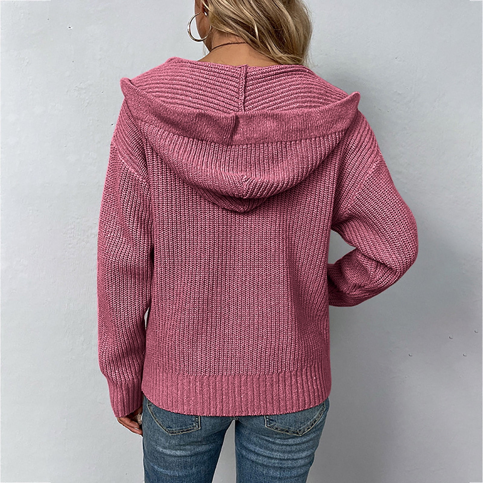 Uorcsa Wedding Pocket Solid Color Knitting Long Sleeve Cardigan Women Coat Pink