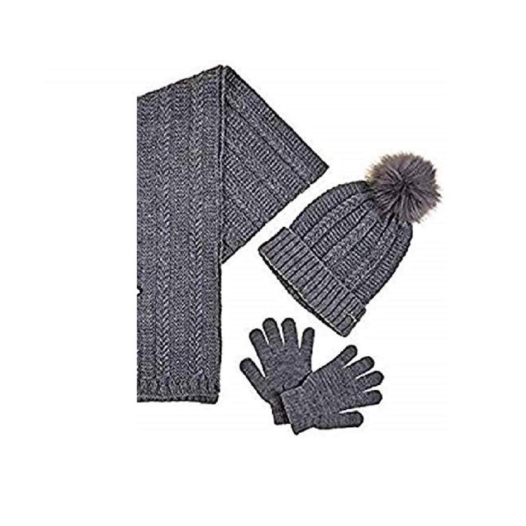 Ladies Grey Knitted Beanie Hat Scarf & Gloves Set by Totes