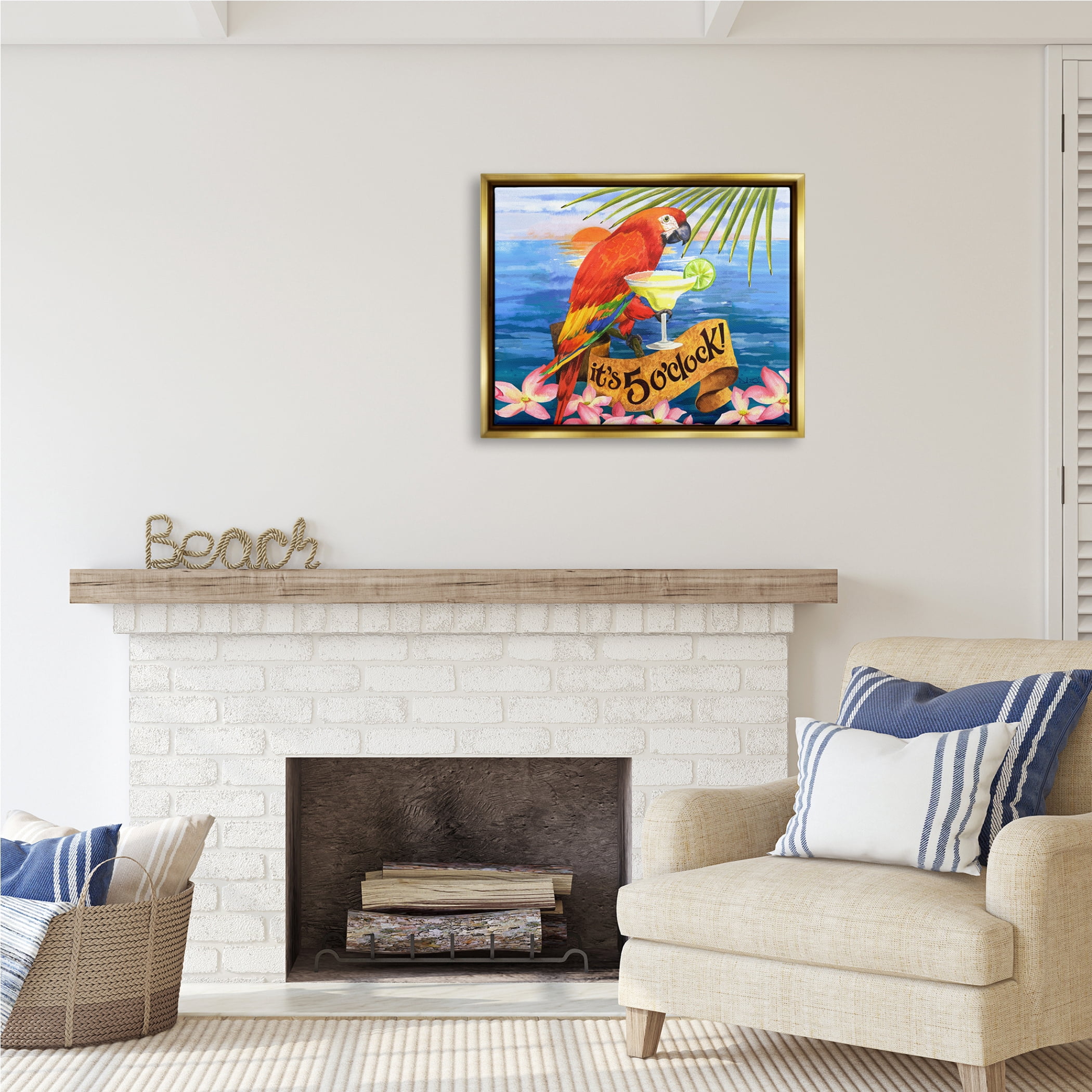 Stupell Industries Tropical Parrot with Cocktail Animals & Insects Painting Gold Floater Framed Art Print Wall Art, 31 x 25