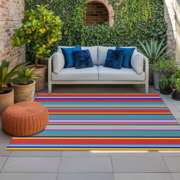 Outdoor Rug 3x5 ft Mexican Serape Colorful Stripes Outdoor Large Area Rug Non Slip Rubber Boho Style Striped Front Door Mat RV Rug Carpet Patio Outdoor Rugs for Backyard Balcony Deck Porch Indoor