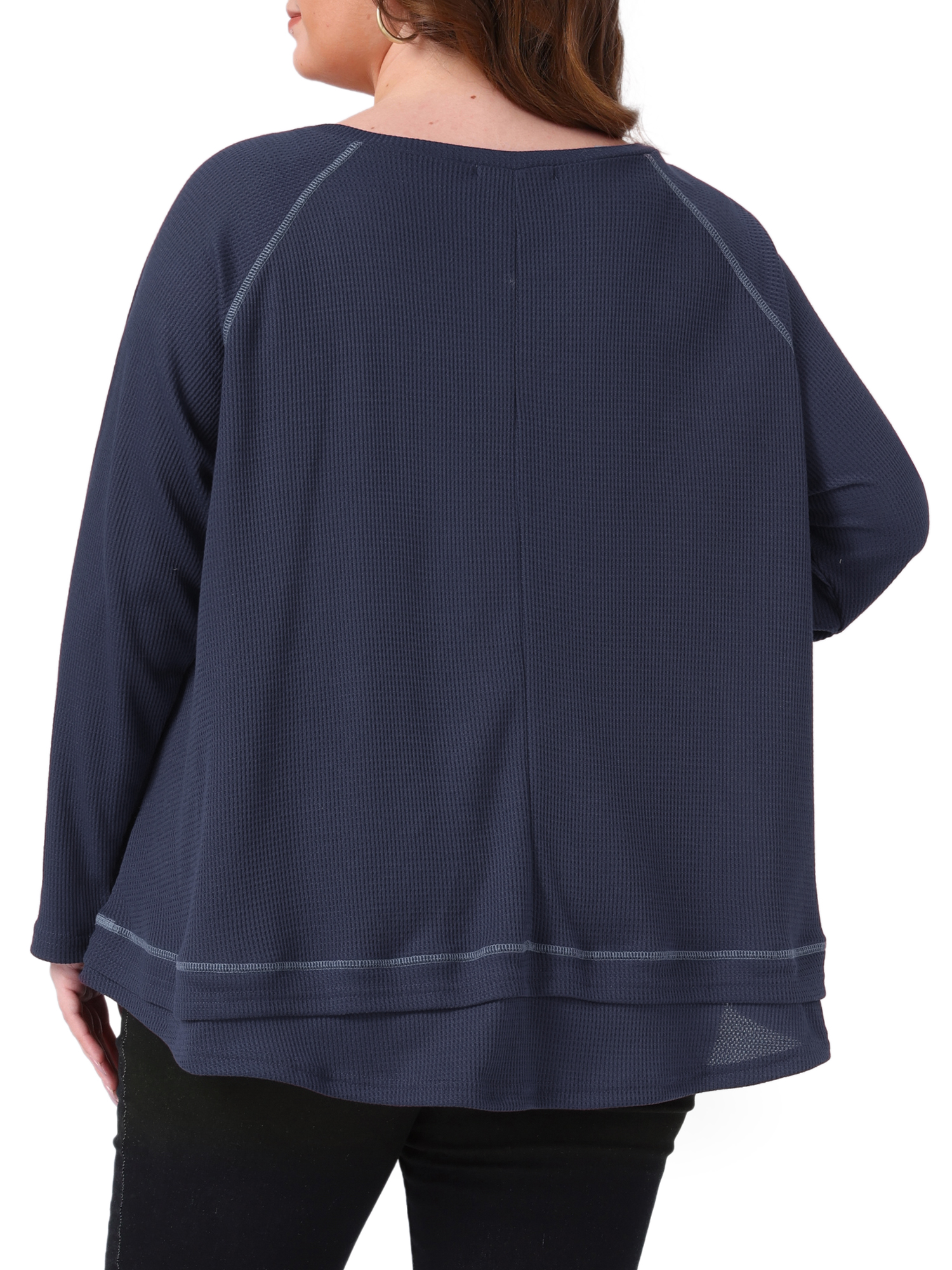 DARING DIVA Women's Plus Size Waffle Knitted V Neck Patchwork Hem Sweater 4X Navy Blue