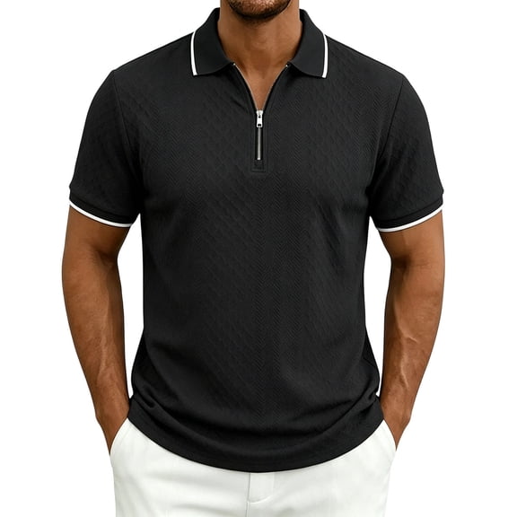 Men's Quarter Zip Shirt, Textured Jacquard Short Sleeve Golf Tops, Casual Regular Fit Summer Collared Shirts for Men, S-3XL