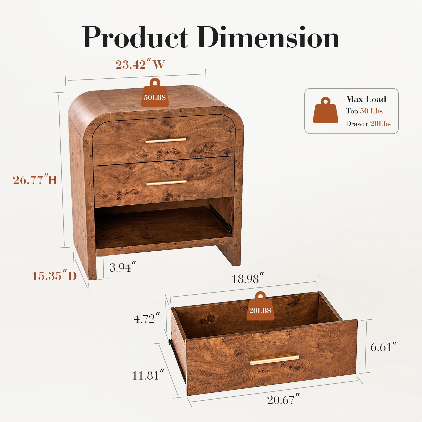 Vintagearth Nightstand 26.7" Tall Modern Curved Bedside Table, FSC-Certified Wood End Table, 3 Drawer Storage, Dark Burl