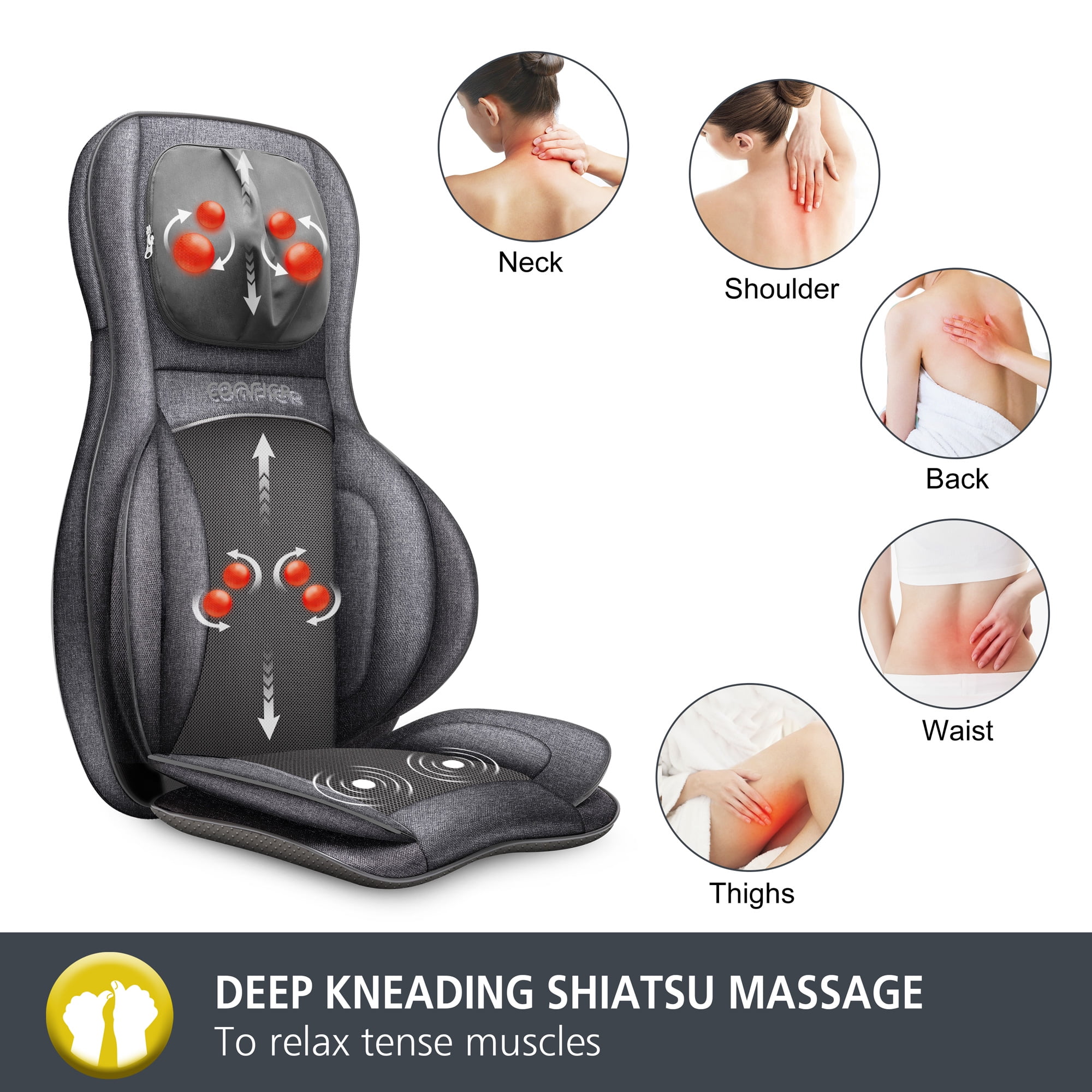 Comfier Cordless Back Massager with Heat - Rechargeable Shiatsu Massage Chair Pad - 1902C, USA