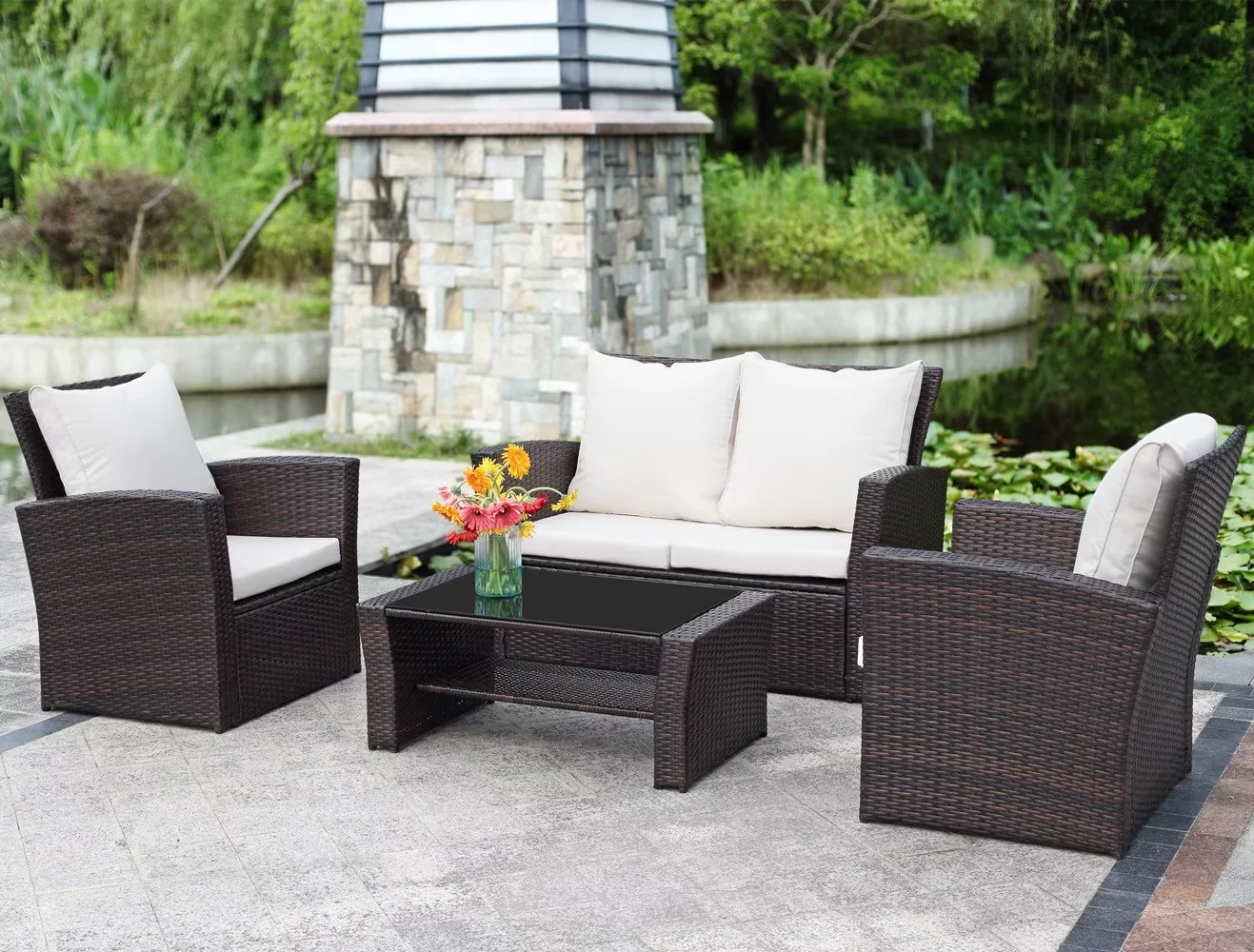 All-Weather Outdoor Patio Furniture Set - 4-Piece Wicker Rattan Sectional Conversation Set with Table and Cushions, Gray