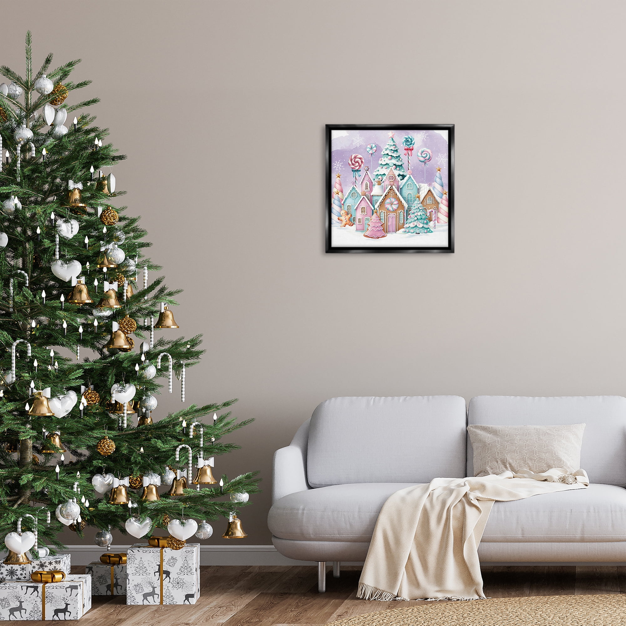 Stupell Industries Gingerbread Candy Town Holiday Painting Black Floater Framed Canvas Art Prints Wall Art, 25 x 25