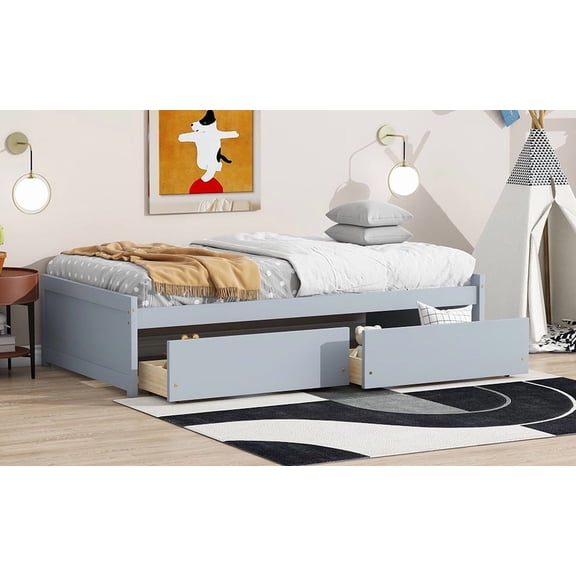 Pinovk Twin Size Bed with 2 Drawers, Solid Rubber Wood Bed,Grey