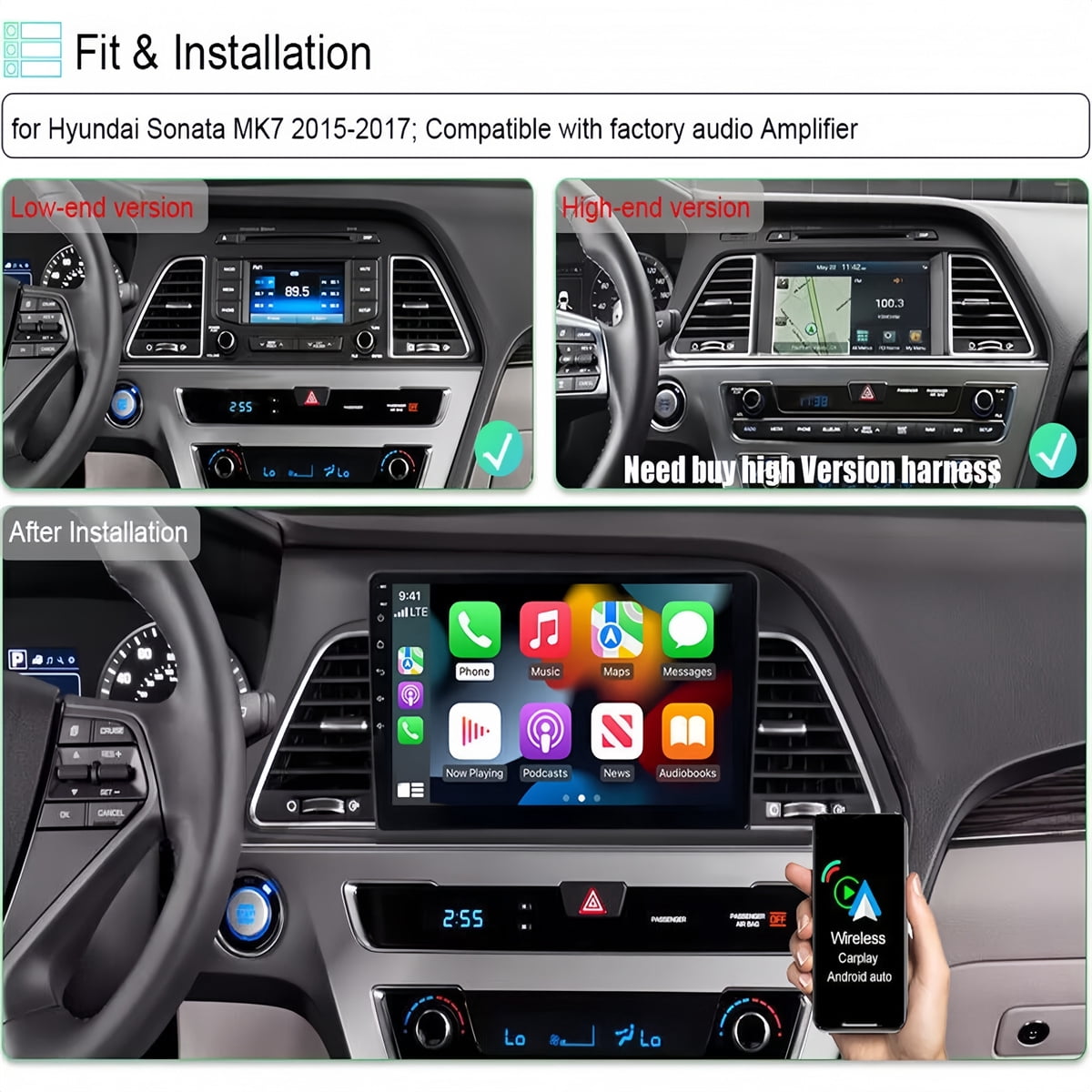 Guwzn Car Stereo Radio for Hyundai Sonata 2015-2017 9" Touchscreen 2+32G Vehicle GPS Navigation Wireless CarPlay Android Auto