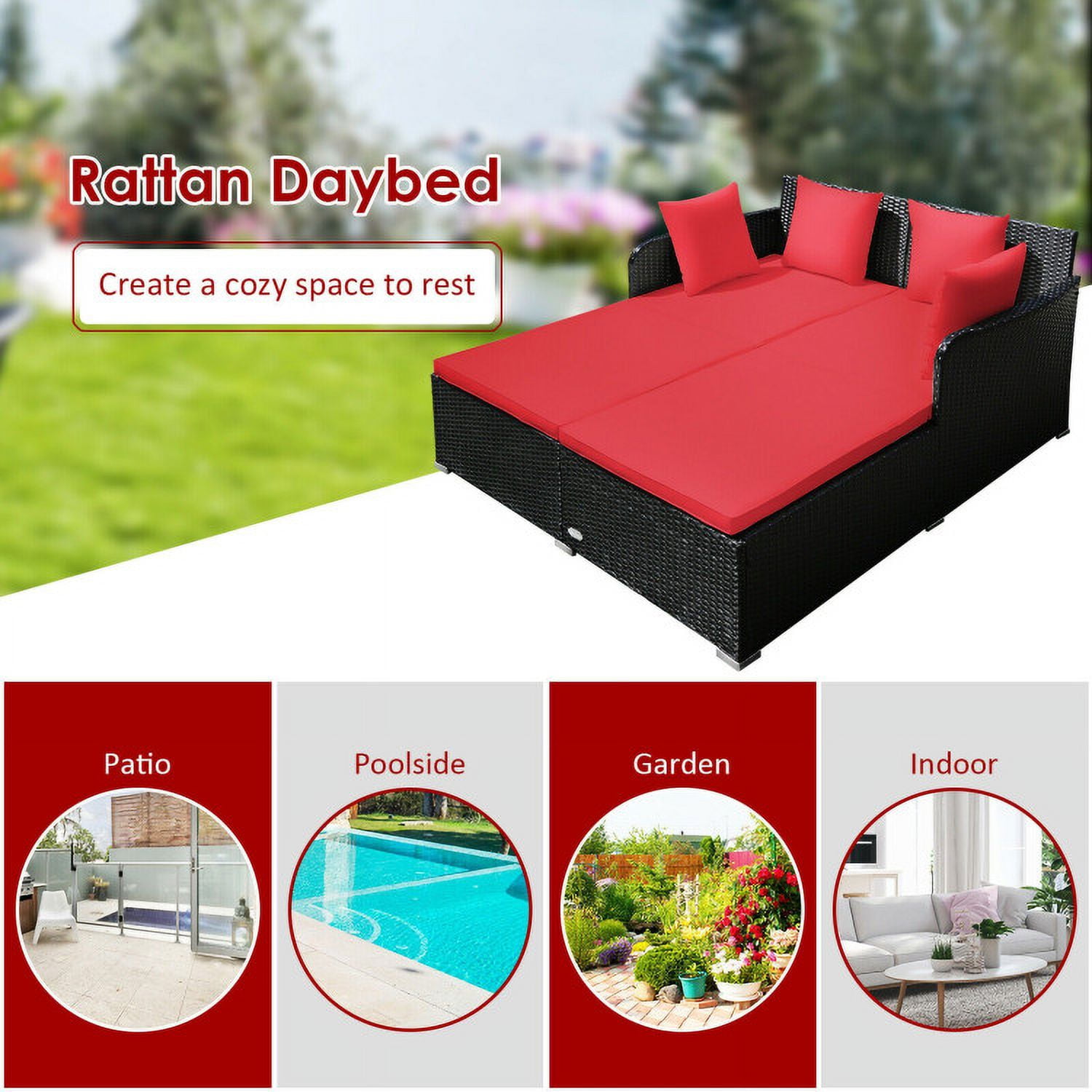 Aimee Lii Spacious Outdoor Rattan Daybed with Upholstered Cushions and Pillows, Outdoor Deck Furniture, Red Aimee Lii Spacious Outdoor Rattan Daybed with Upholstered Cushions and Pillows, Outdoor Deck Furniture, Red