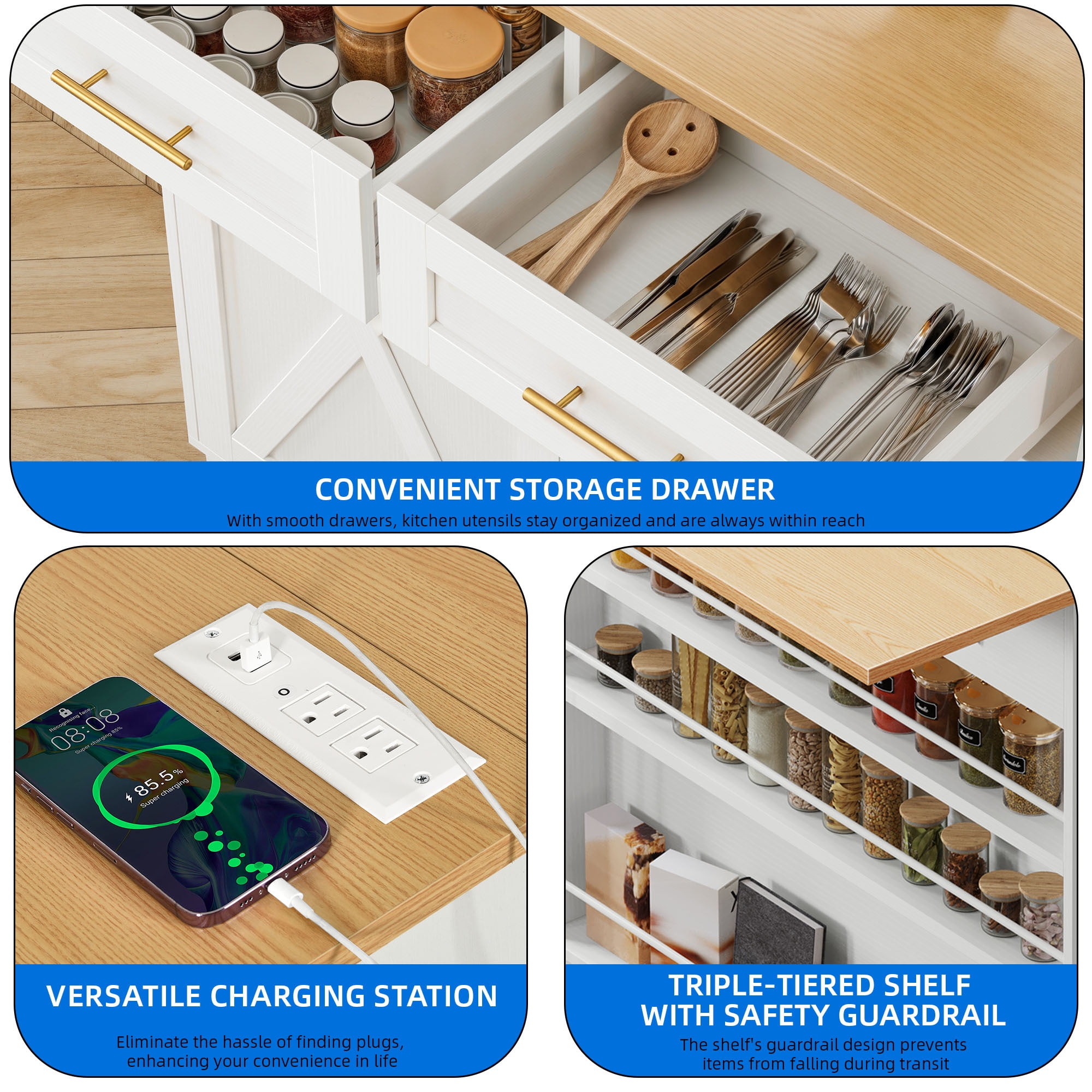 Uforic Kitchen Storage Cart with Drop Leaf & Shelves, Kitchen Island Table with Power Outlets & Trash Storage, White
