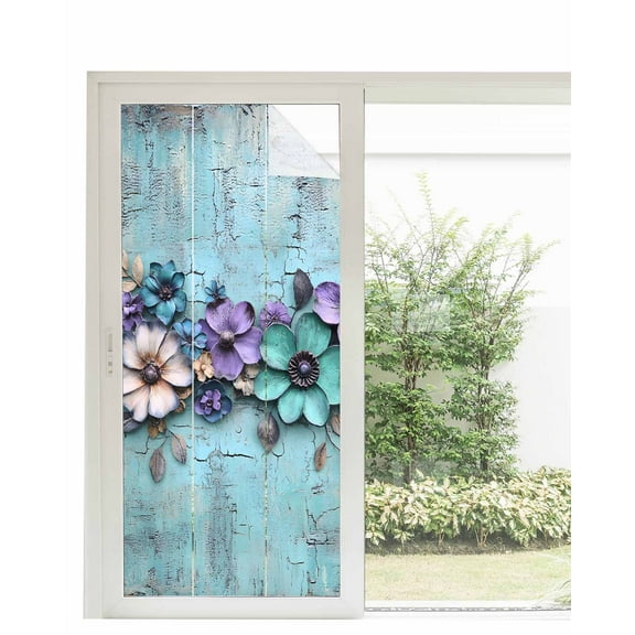 Window Privacy Film Spring Purple Flowers Stained Glass Window Film Decorative Sun Block Window Cover Floral Mottled Teal Wall Retro Window Clings Static Adhesive Sticker for Bathroom 35.4"x78.7"