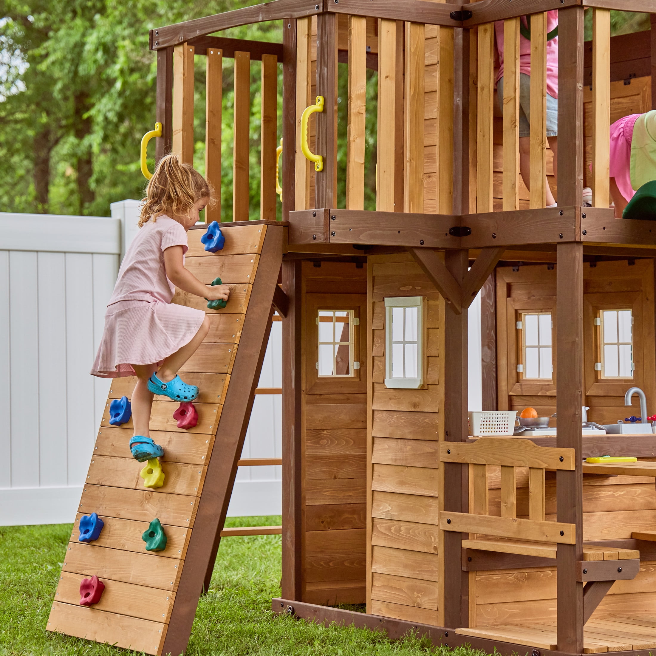 Backyard Discovery Spruce Hollow Spruce Wood Swing Set, Wave Slide, Clubhouse, Rock Wall