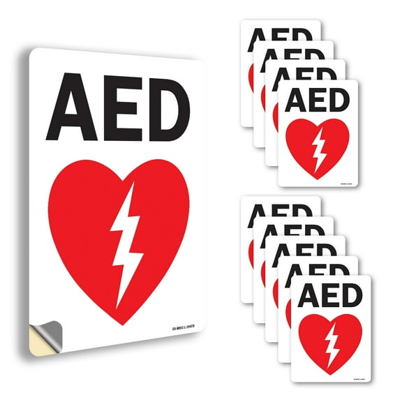 AED (with graphic) OSHA Vinyl Decal Label 14 Inch x 10 Inch - 10 Pack