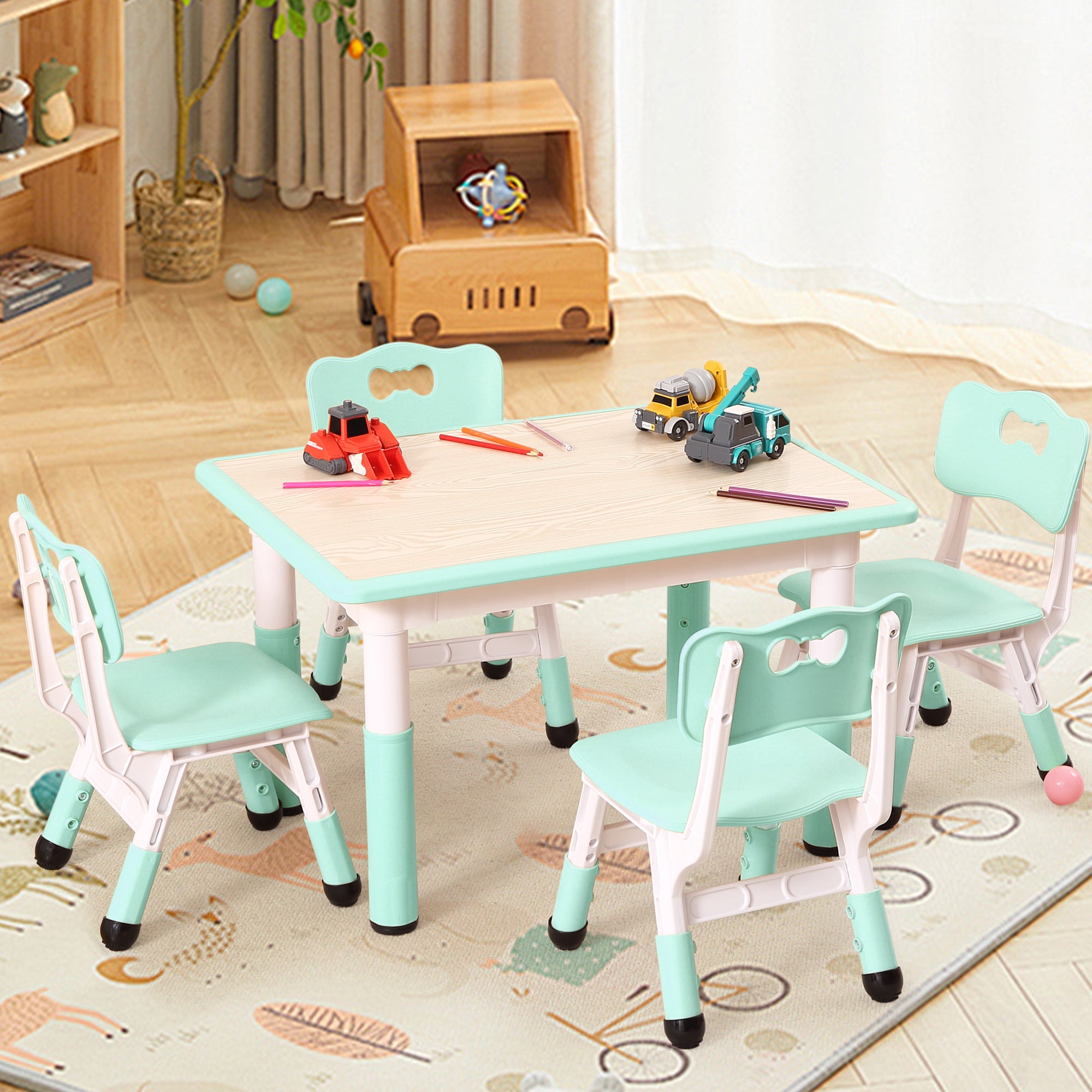 Accreate Kids Table and Chairs Set, 80x60cm Multi-Functional Toddler Furniture for Learning, Play, Arts & Crafts, Easy to Wipe Arts & Crafts Table with 4 Chairs for Classroom/Home