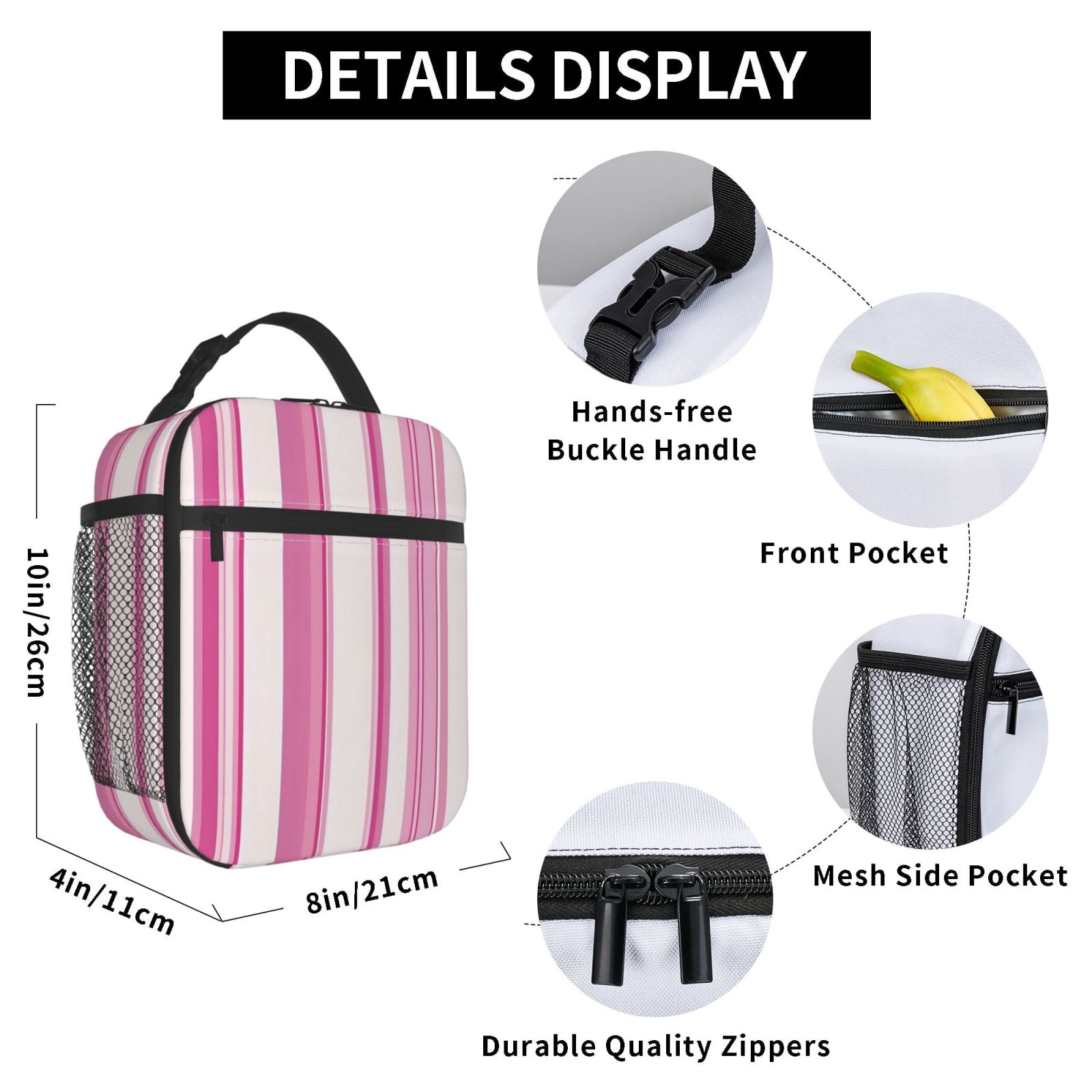 Lunch Bag For Women Men Insulated Portable Lunch Box Bento Box Office Picnic Travel Cooler Bag Pink Stripe_1