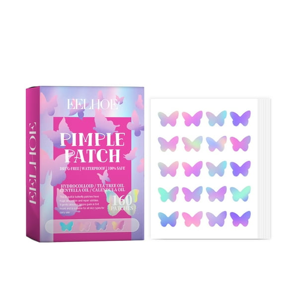 Parches para espinillas de acné para la cara, parches hidrocoloides para acné con aceite de té y extracto de caléndula, lindas pegatinas coloridas con forma de mariposa (160 uni(Compre 2 y ahorre 10%)
