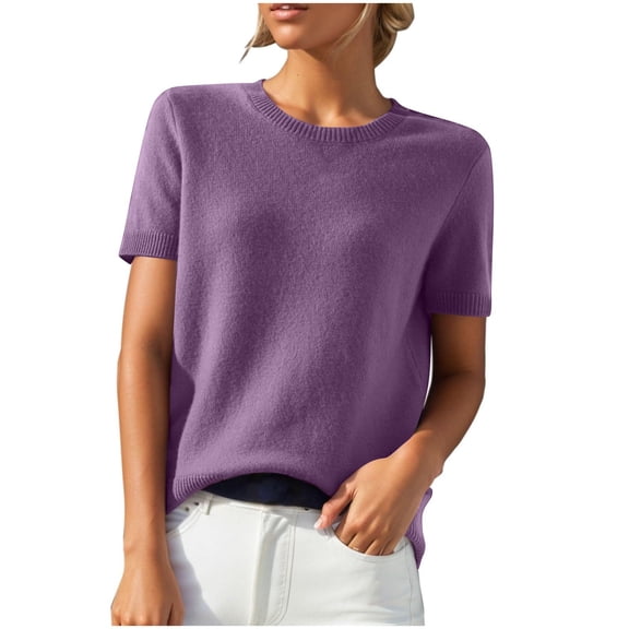 Staron Women's Short Sleeve Knit Top Round Neck Pullover Casual Comfy Solid Color Fashion T-Shirt, Purple S