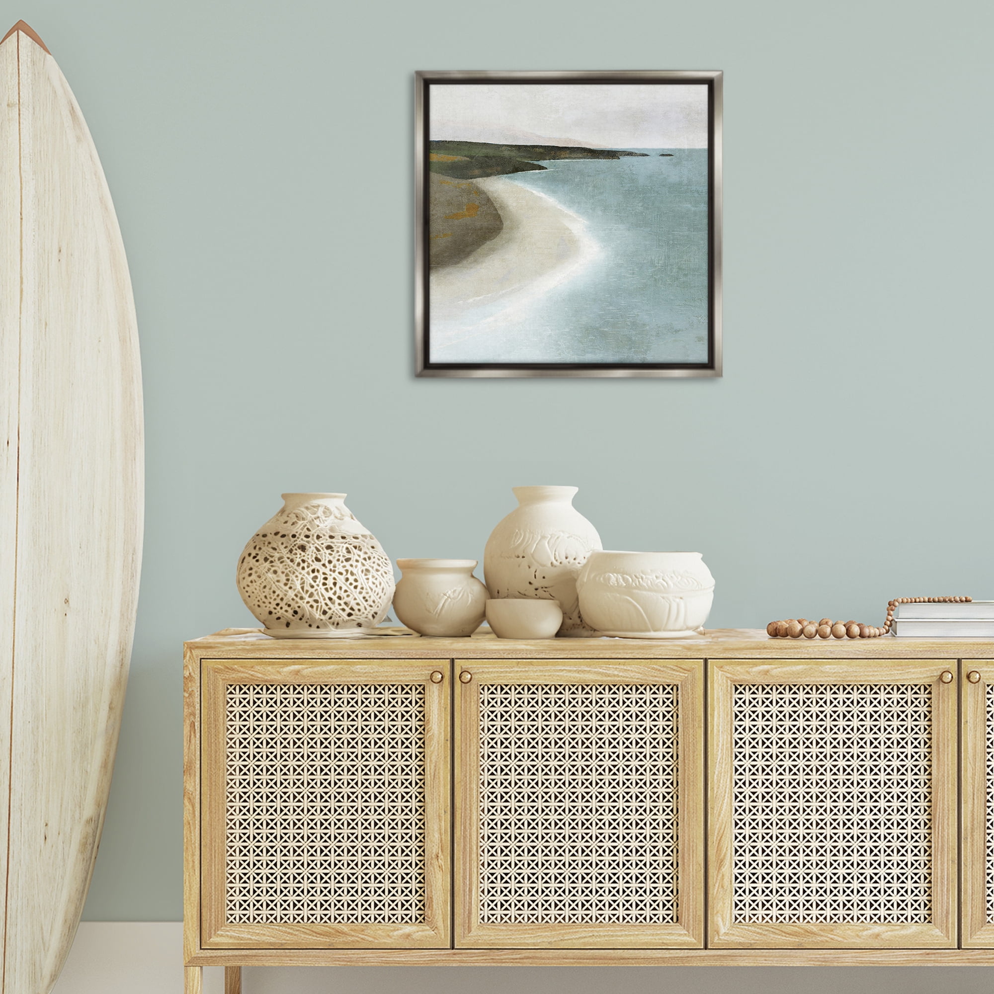 Stupell Industries Simple Serene Coastline Landscape Painting Gray Floater Framed Canvas Art Print Wall Art, 25 x 25