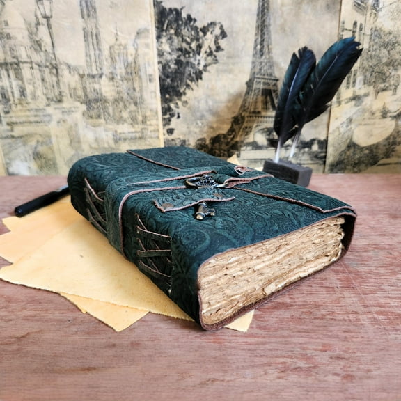 Handmade Leather Journal with Vintage Deckle Edge Paper - 7x5 Inch, 200 Pages - Floral Embossed Cover with Key Closure - Soft Leather Notebook (Pink, Green, Blue)