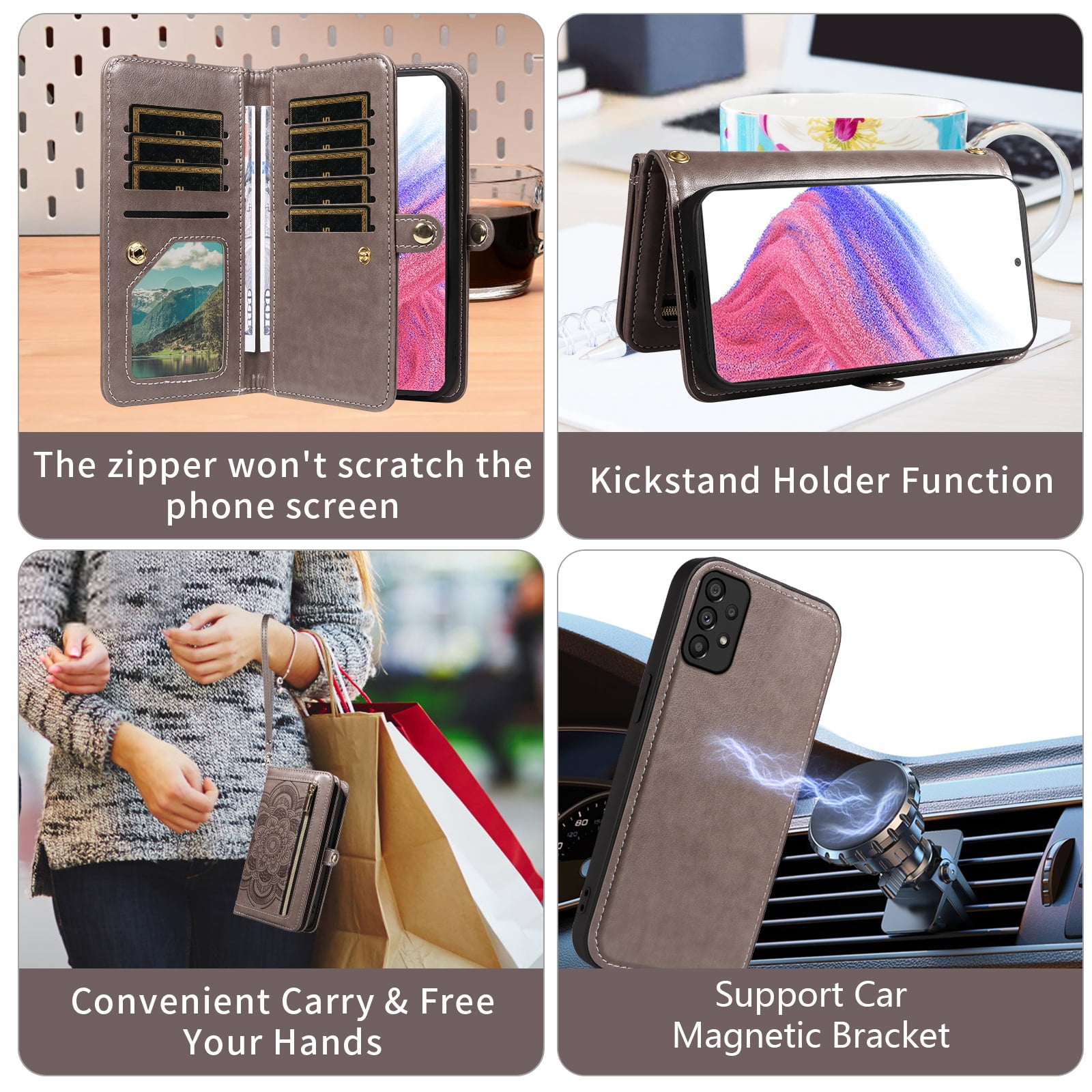 Asuwish Phone Case for Samsung Galaxy A53 5G Zipper Wallet Detachable Cell Cover with Tempered Glass Screen Protector Crossbody Strap Flower Flip Card Holder A 53 G5 53A SM A536U 6.5" 2022 Women Gray
