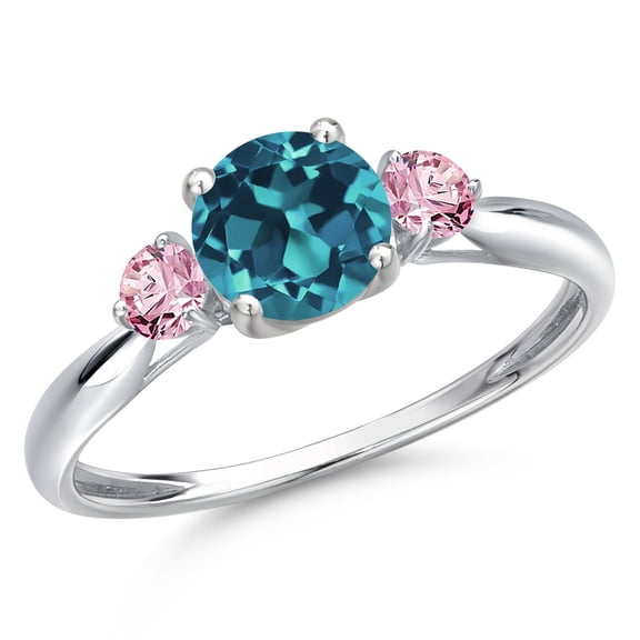 Gem Stone King 10K White Gold London Blue Topaz and Pink Lab Grown Diamond 3-Stone Ring for Women | 1.36 Cttw | Round 6MM | Gemstone November Birthstone | Size 9