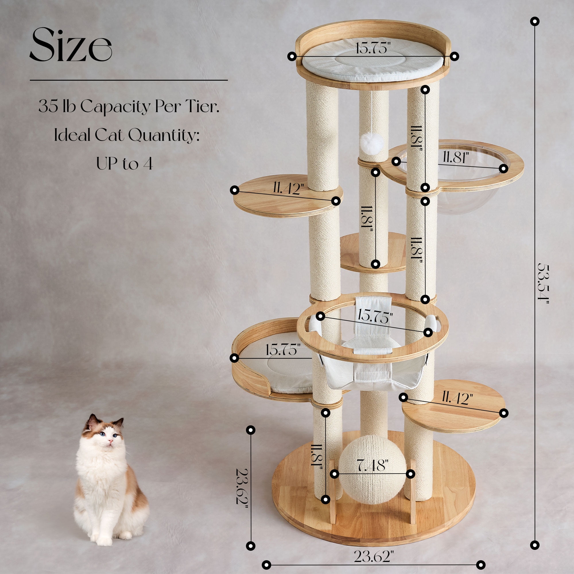 Modern Solid Wood Cat Tree Tower, 54" Tall Cat Tree with Sisal Scratching Posts, Capsule&Hammock, Luxury Natural Oak Wooden Cat Tower, Aesthetic Multi-Level Cat Climbing Tree for Large Indoor Cats